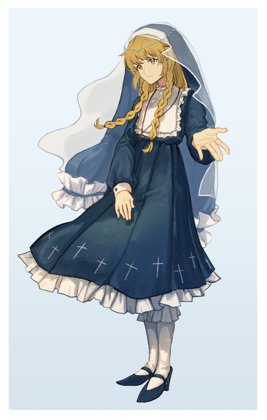 1girl, absurdres, blue_dress, blue_footwear, braid, brown_eyes, closed_mouth, commentary