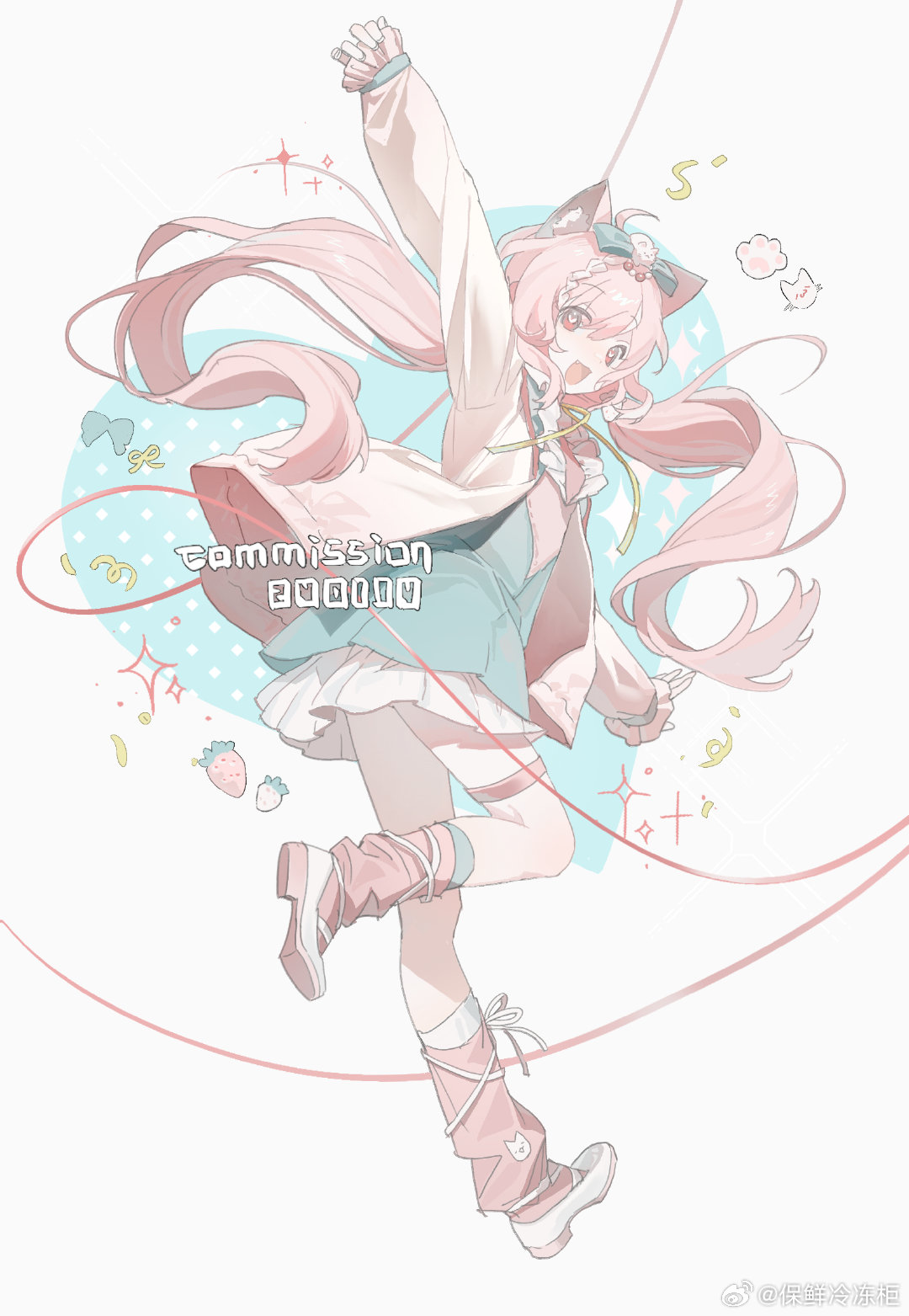 1girl, animal_ear_fluff, animal_ears, animal_print, ankle_socks, arm_up, asymmetrical_legwear, baoxian_lengdong_gui
