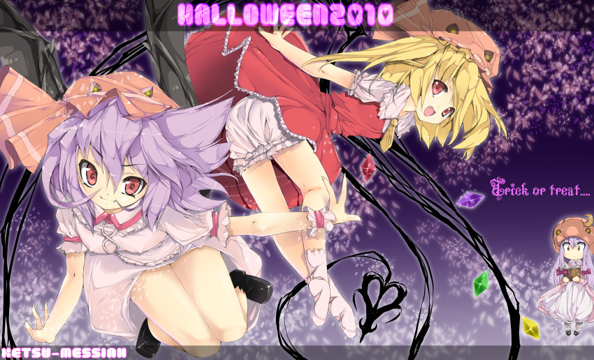 blonde_hair, bloomers, bow, erect_nipples, fang, flandre_scarlet, hair_bow, halloween