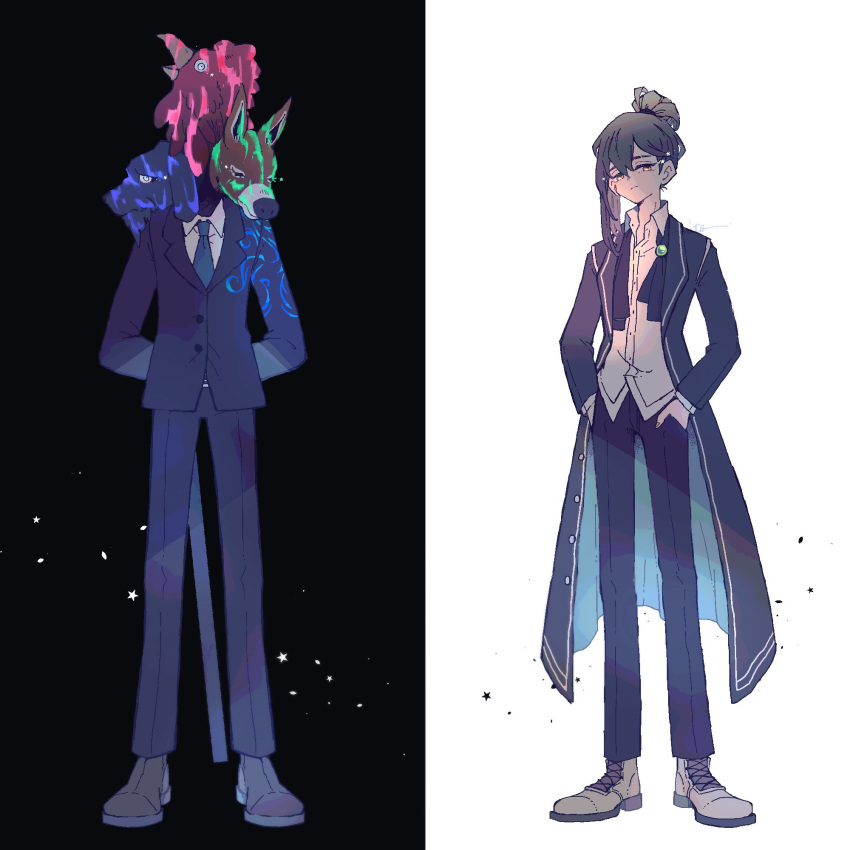 1boy, 1other, animal_head, bird, black_jacket, black_pants, blue_necktie, bremen_(project_moon)