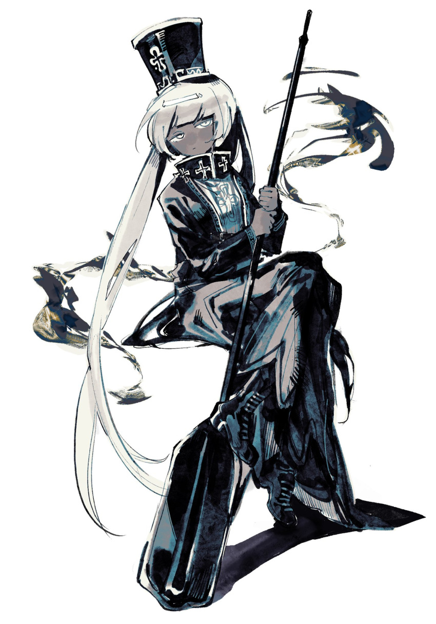 1girl, black_footwear, black_hair, boots, charon_(project_moon), colored_skin, full_body, g1a1c2a1e2e2d2, grey_skin, hat, highres, holding, limbus_company, long_hair, low_twintails, project_moon, shako_cap, simple_background, sitting, smoke, solo, twintails, very_long_hair, white_background, white_hair