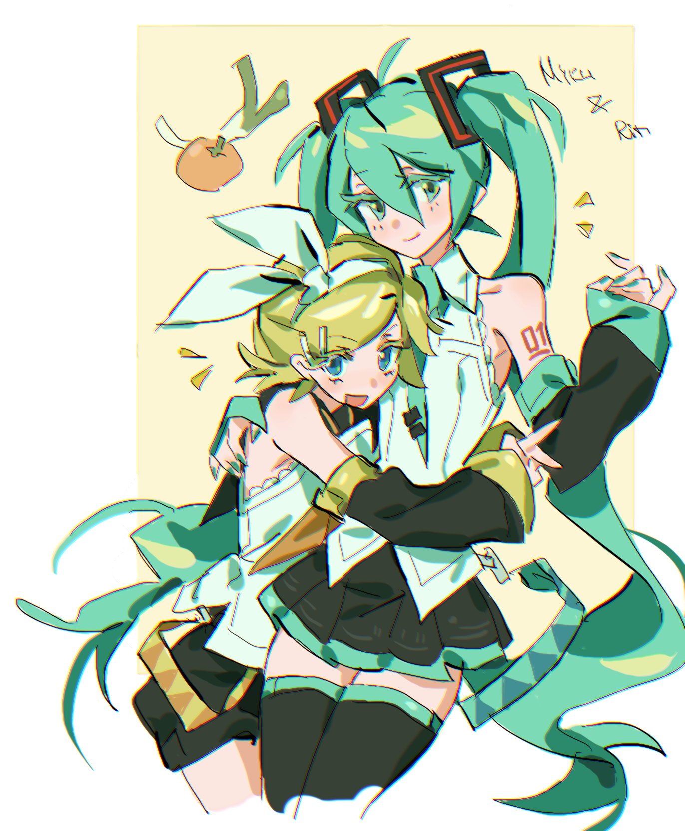 2girls, aqua_eyes, aqua_hair, bare_shoulders, blonde_hair, blush, bow, closed_mouth