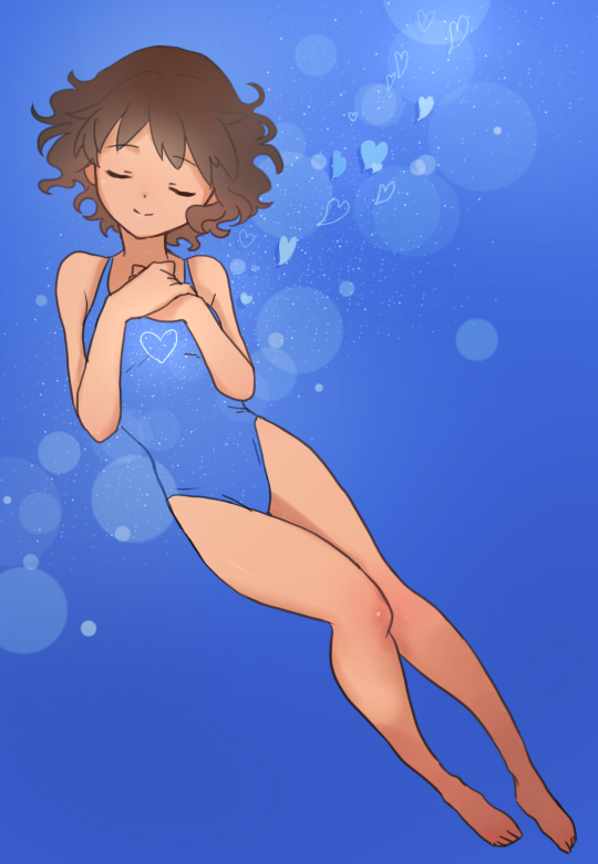bare_legs, barefoot, brown_hair, closed_eyes, eckzahn, hands_together, head_tilt, ikoma_minami