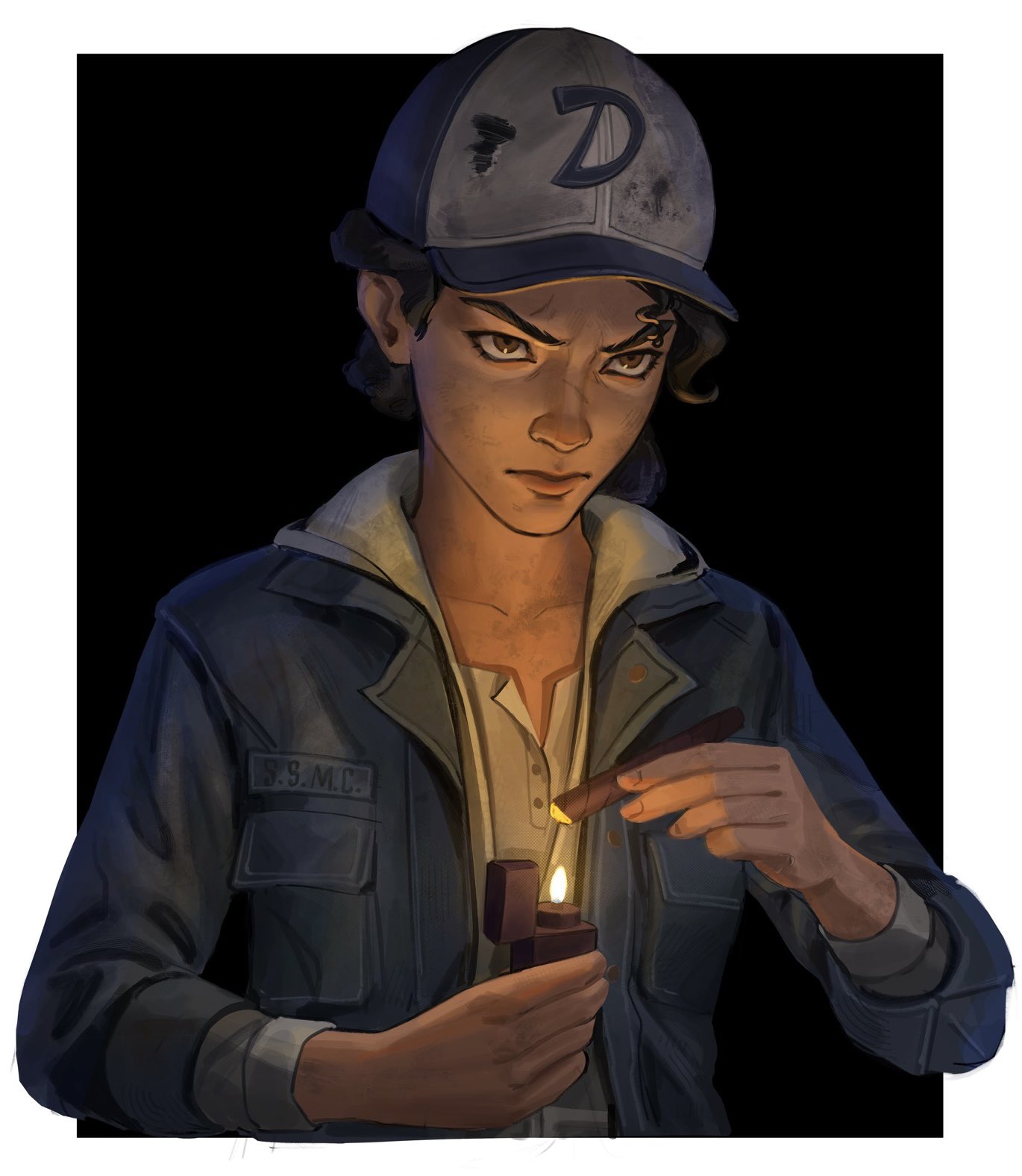 1girl, baseball_cap, black_hair, border, brown_eyes, cigar, clementine_(the_walking_dead), denim