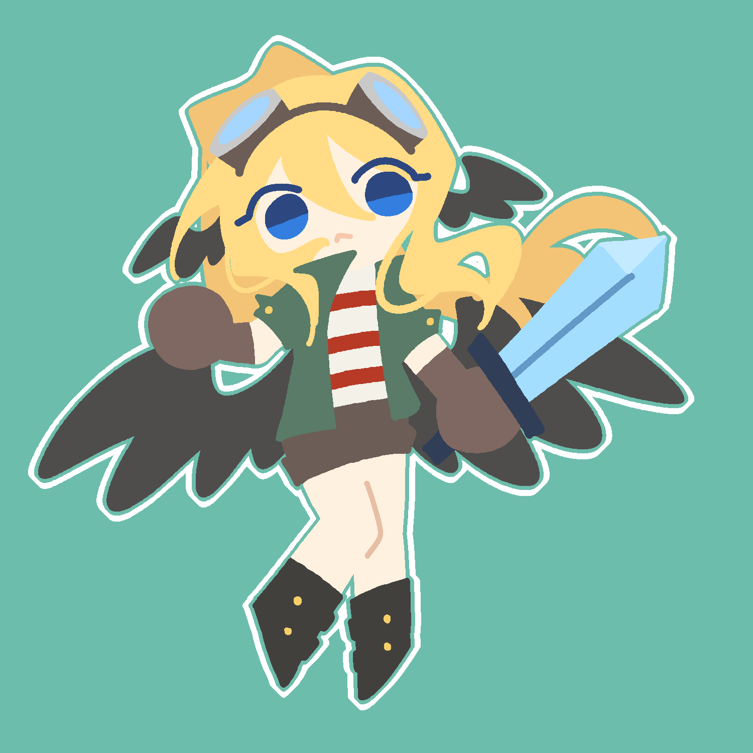 1girl, black_wings, blonde_hair, blue_eyes, boots, chibi, chibi_only, falsesymmetry