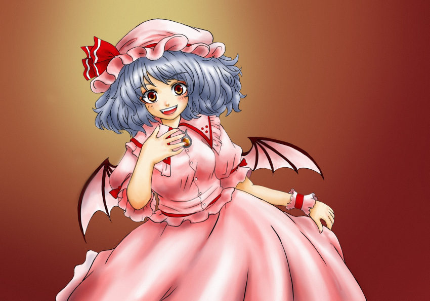 1girl, :d, bat_wings, blush, brown_background, commentary, english_commentary, gradient_background, grey_hair, hat, hat_ribbon, highres, karasutomo, looking_at_viewer, mob_cap, open_mouth, pink_hat, pink_shirt, pink_skirt, red_eyes, red_ribbon, remilia_scarlet, ribbon, shirt, short_hair, skirt, smile, solo, touhou, wings, wrist_cuffs