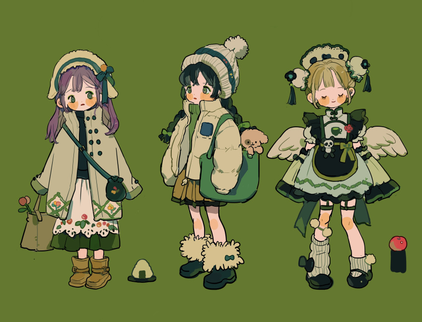 3girls, absurdres, angel_wings, apple, apron, asymmetrical_legwear, back_bow, bag
