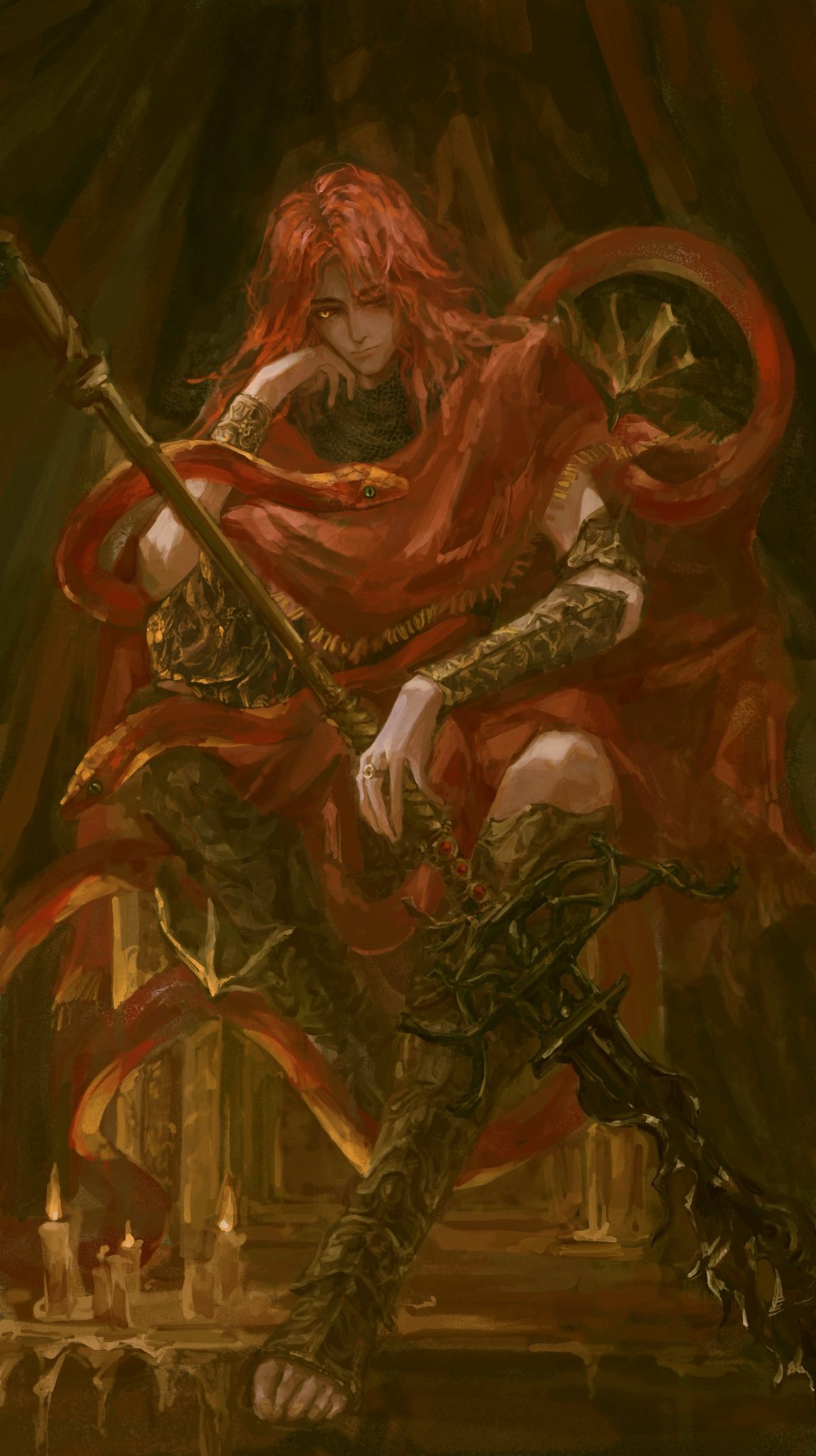 1boy, 1other, armor, chengya_huanwo, cloak, elden_ring, gauntlets, greaves