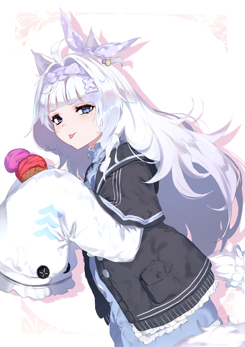 absurdres, ahoge, animal_ears, black_jacket, blue_eyes, closed_mouth, cross-shaped_pupils, dress