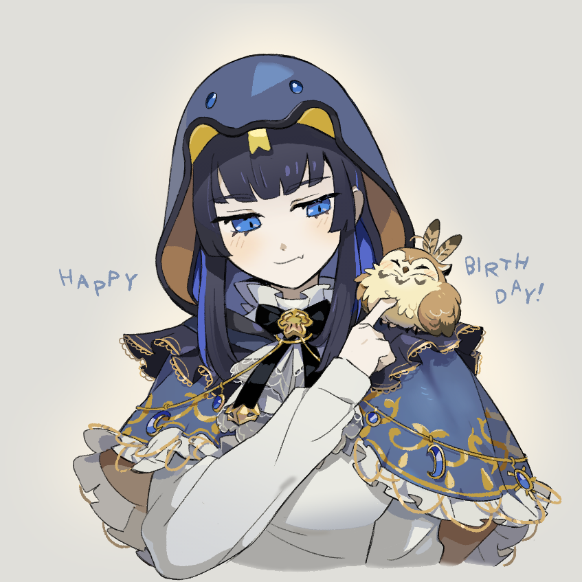 1girl, black_hair, blue_capelet, blue_eyes, blue_hair, blunt_bangs, capelet, colored_inner_hair