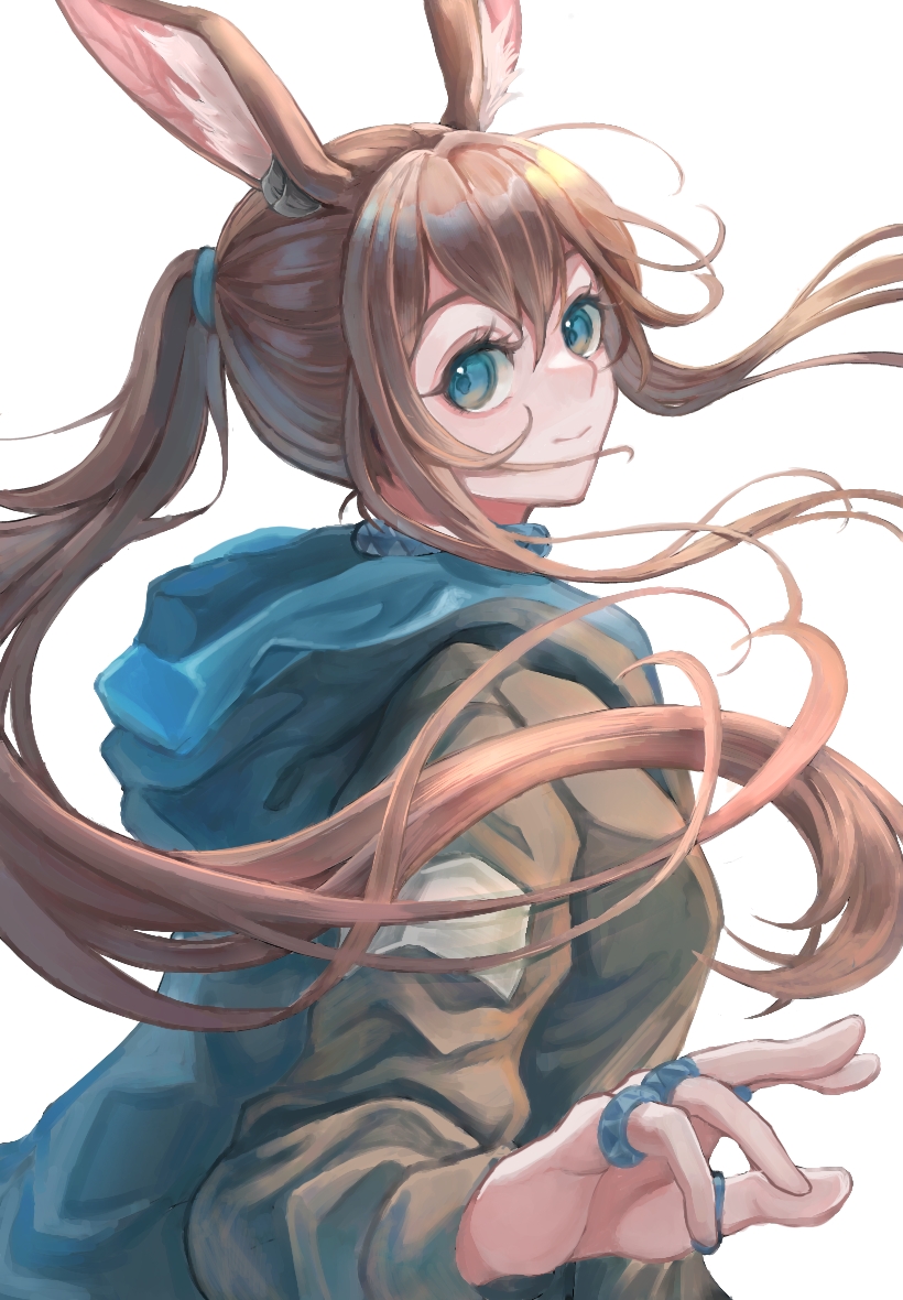 1girl, amiya_(arknights), animal_ears, arknights, black_jacket, blue_eyes, brown_hair, hair_between_eyes