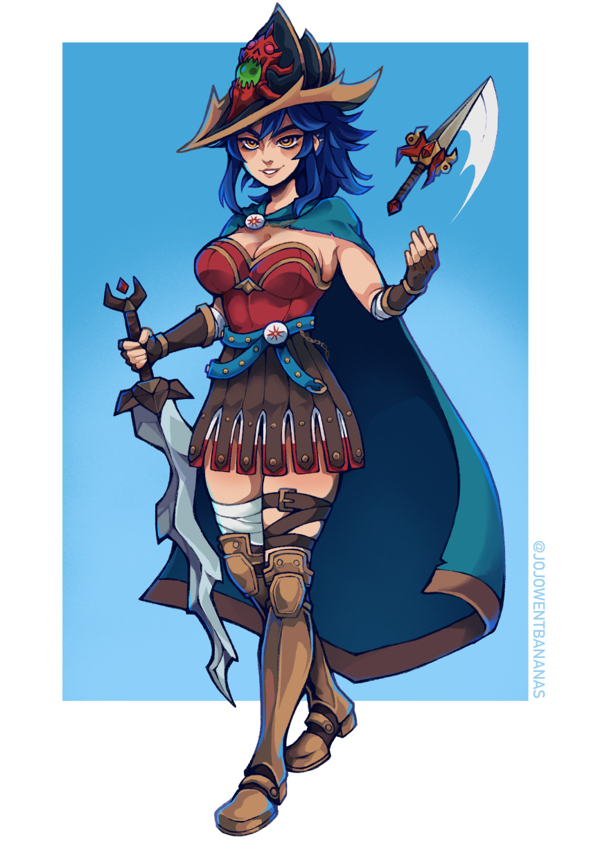 1girl, absurdres, armor, armored_boots, bandages, belt, belt_buckle, blue_hair