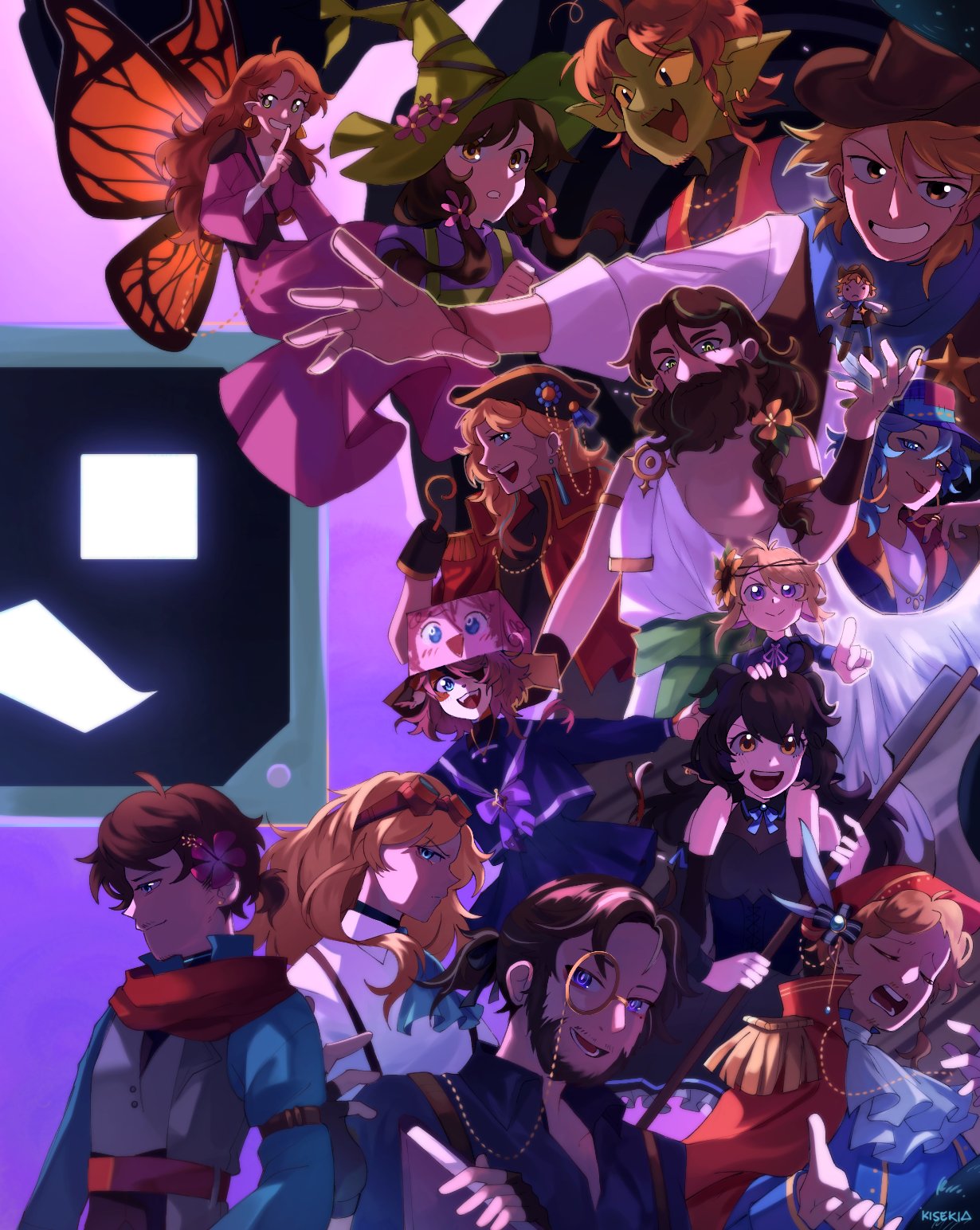 6+boys, 6+girls, butterfly_wings, cat_girl, computer, crossover, dragon_girl, dragon_horns