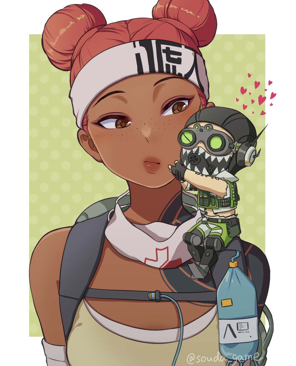 1boy, 1girl, animification, apex_legends, arm_tattoo, aviator_cap, black_gloves, black_hat