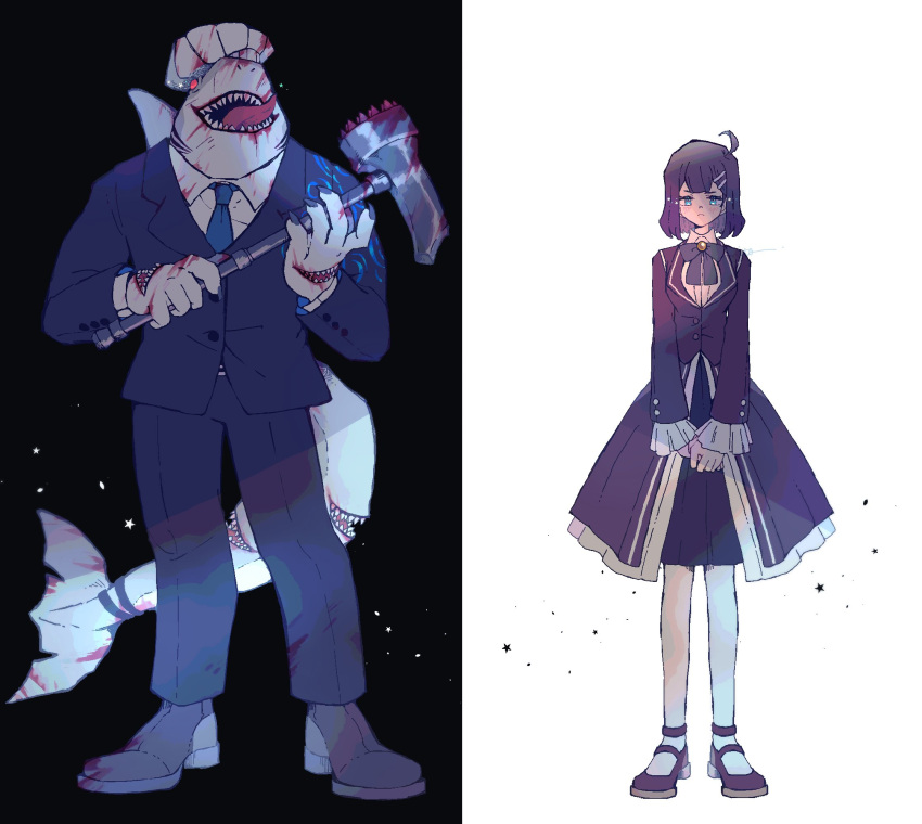 2girls, black_background, black_jacket, blood, blood_on_clothes, blood_on_face, blue_necktie, bow