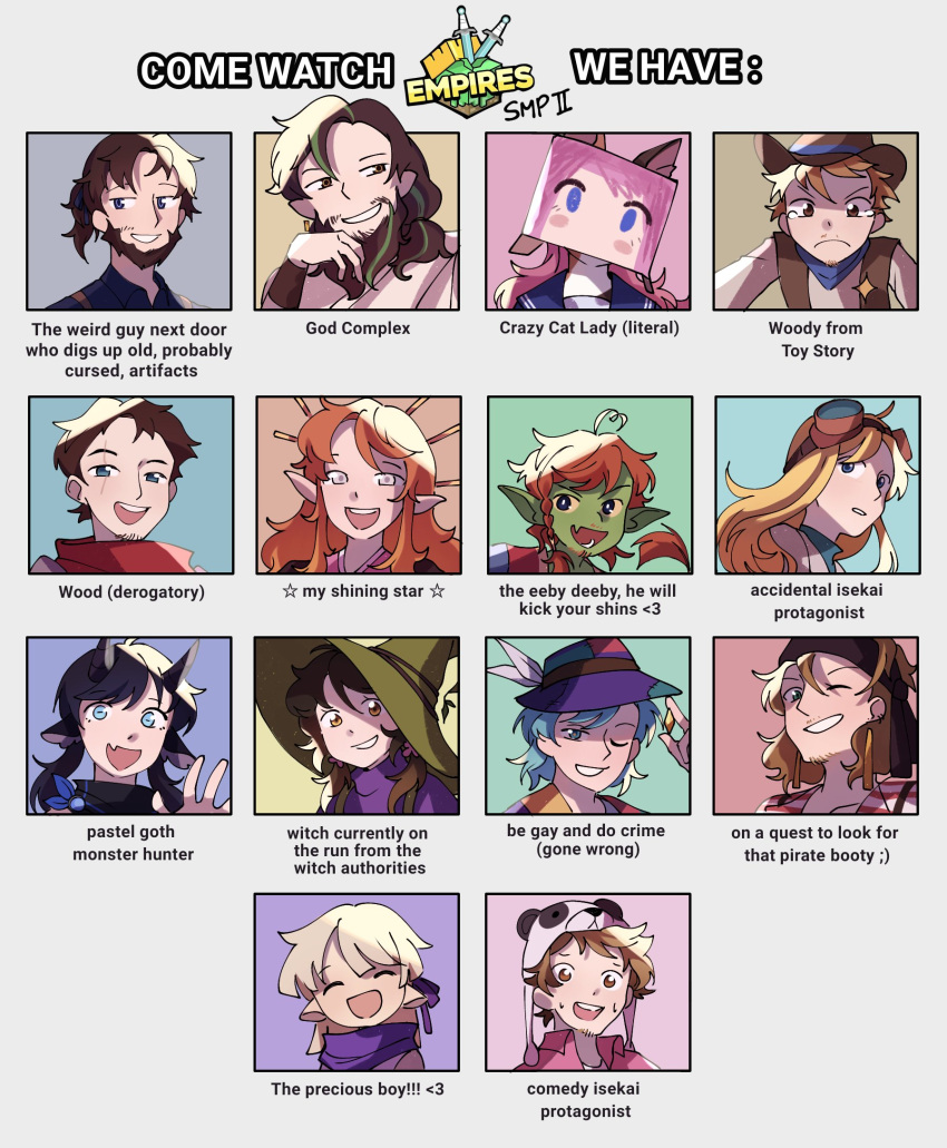 5girls, 6+boys, animal_hat, beard, blonde_hair, brown_hair, cat_girl, child