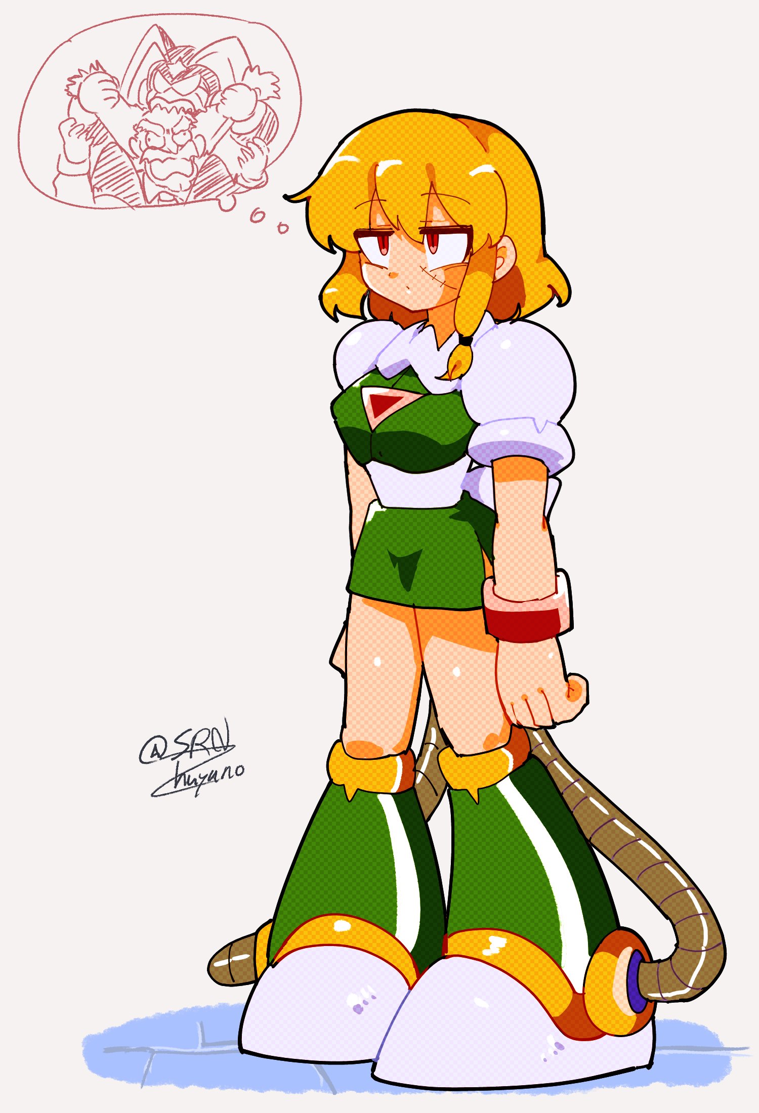 1girl, bass_(mega_man), blonde_hair, brown_eyes, cable, dr._wily_(mega_man), dress, full_body