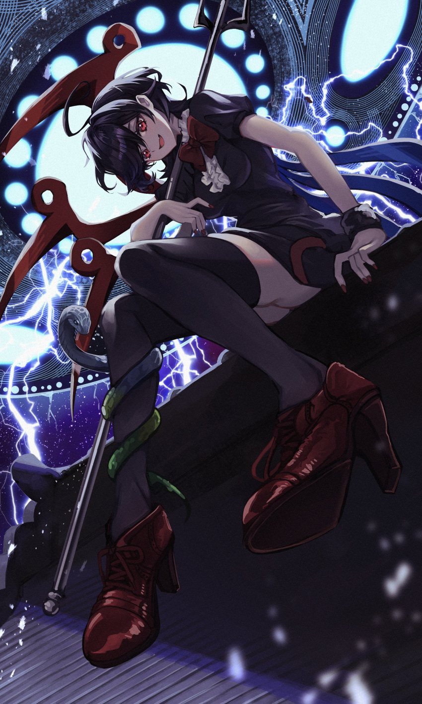 1girl, :d, absurdres, asymmetrical_wings, black_dress, black_hair, black_thighhighs, black_wings