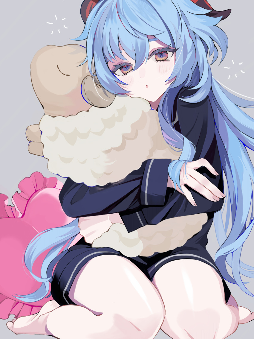 1girl, absurdres, ahoge, alternate_costume, alternate_hairstyle, barefoot, blue_hair, blue_shirt, blue_shorts, blush, collared_shirt, dot_nose, fingernails, frills, ganyu_(genshin_impact), genshin_impact, goat_horns, grey_background, hair_between_eyes, heart, heart-shaped_pillow, highres, holding, holding_stuffed_toy, horns, hug, long_fingernails, long_hair, long_sleeves, looking_at_viewer, multicolored_eyes, nail_polish, pillow, pink_eyes, pink_nails, seiza, shirt, shorts, sidelocks, simple_background, sitting, solo, stuffed_animal, stuffed_sheep, stuffed_toy, violet_eyes, wafuu_tsunamayo