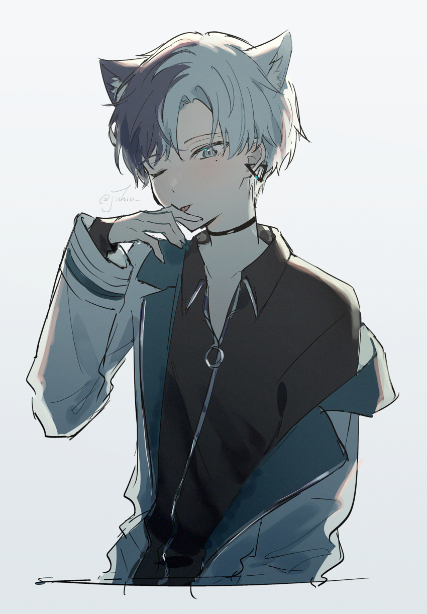 1boy, animal_ears, aoyagi_touya, black_choker, blue_eyes, blue_hair, cat_boy, cat_ears