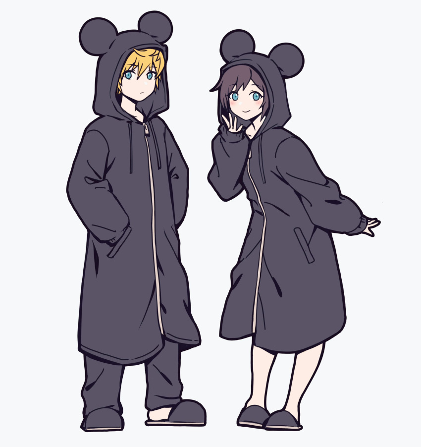 1boy, 1girl, adapted_costume, black_coat, black_coat_(kingdom_hearts), black_footwear, black_hair, black_pants, blonde_hair, blue_eyes, blush, closed_mouth, coat, commentary, hands_in_pockets, highres, hood, hood_up, hooded_coat, ikooto111, kingdom_hearts, kingdom_hearts_358/2_days, looking_at_viewer, mickey_mouse_ears, pants, pocket, roxas, short_hair, slippers, smile, white_background, xion_(kingdom_hearts)