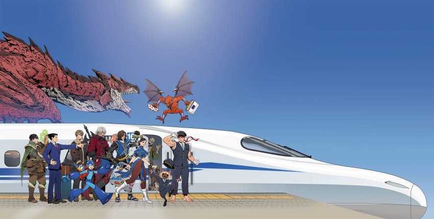 1girl, 6+boys, ace_attorney, armor, backpack, bag, beat_(mega_man), black_hair, blue_background, blue_suit, brown_hair, capcom, cat, chinese_clothes, chun-li, company_connection, crossover, dante_(devil_may_cry), date_masamune_(sengoku_basara), demon, devil_may_cry_(series), devil_may_cry_1, dog, dragon, energy_tank, eyepatch, fangs, felyne, firebrand, gloves, grey_hair, hat, headband, highres, leon_s._kennedy, makaimura, mega_man_(character), mega_man_(classic), mega_man_(series), monster_hunter_(character), monster_hunter_(series), multiple_boys, official_art, pantyhose, phoenix_wright, pointing, promotional_art, rathalos, red_headband, resident_evil, resident_evil_4, ryu_(street_fighter), sengoku_basara, smile, street_fighter, suit, suitcase, sword, sword_on_back, train, train_conductor, weapon, weapon_on_back, white_gloves, wings, zombie, zombie_dog