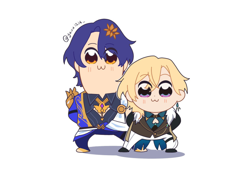 2boys, :3, arms_behind_back, aventurine_(honkai:_star_rail), black_shirt, blonde_hair, blue_hair, chibi