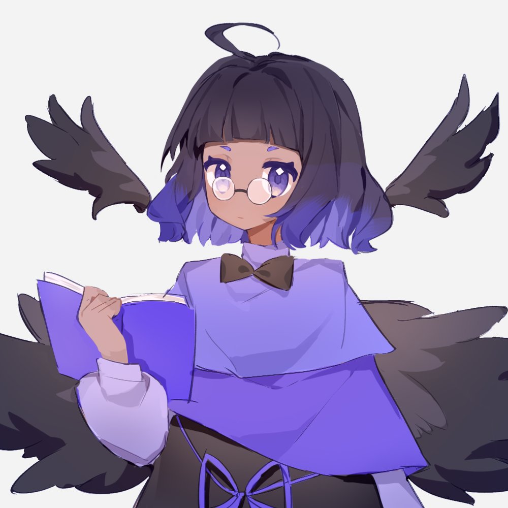 1girl, ahoge, black_bow, black_bowtie, black_dress, black_hair, black_wings, blunt_bangs