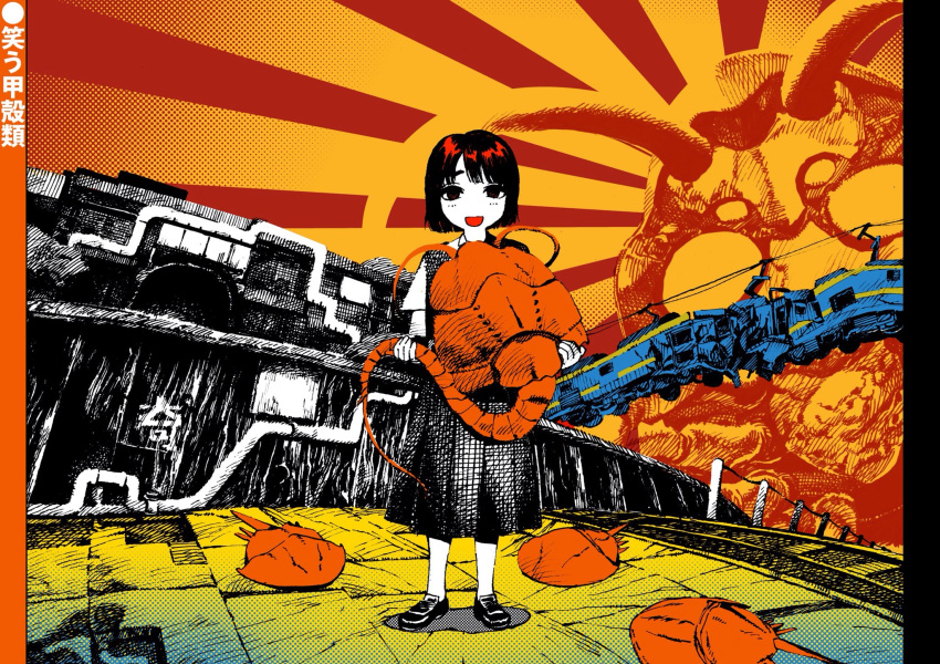 1girl, animal, animal_request, black_dress, black_eyes, black_hair, crustacean, damaged