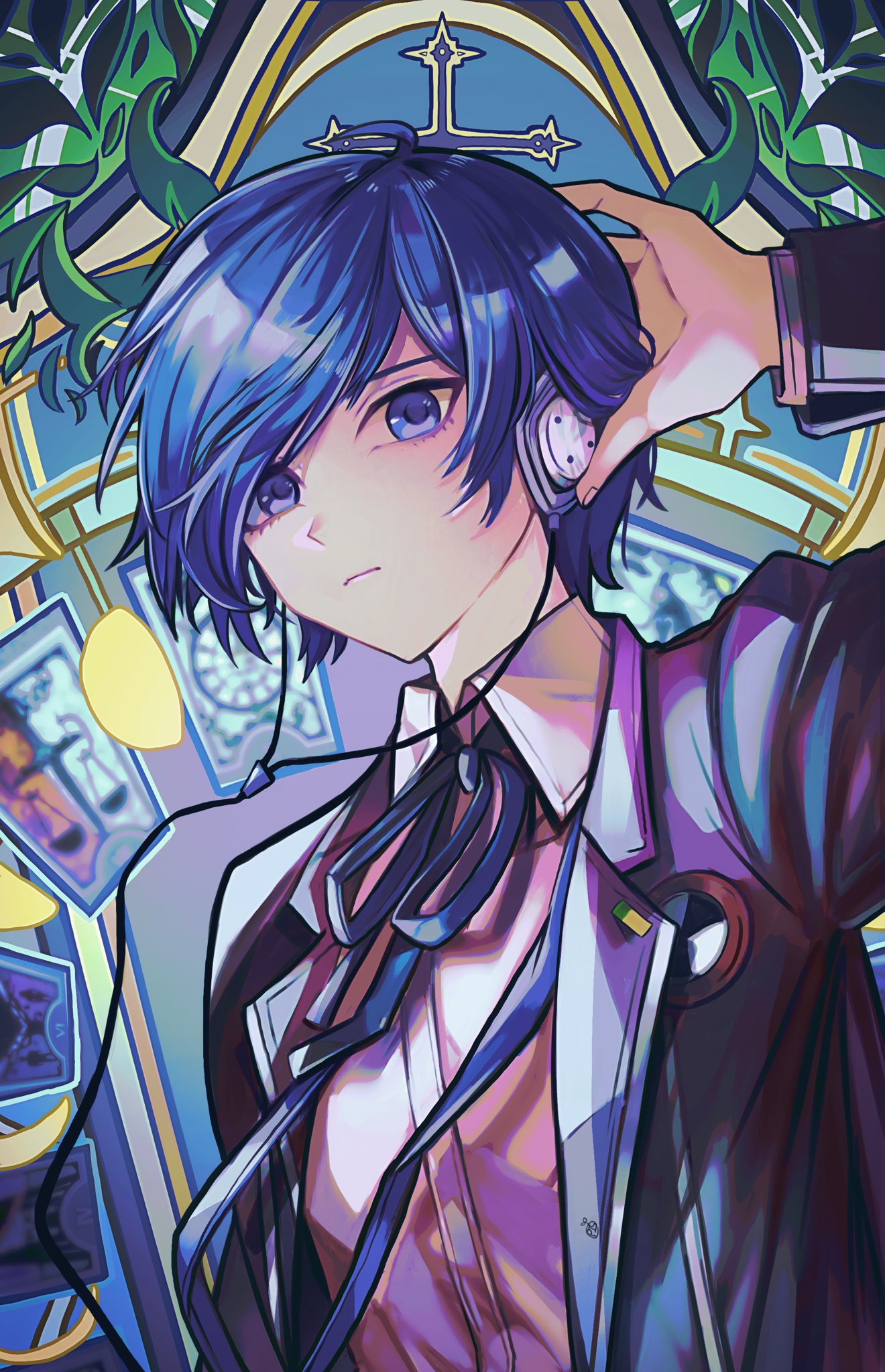 1boy, art_nouveau, black_jacket, black_ribbon, blue_eyes, blue_hair, closed_mouth, collared_shirt