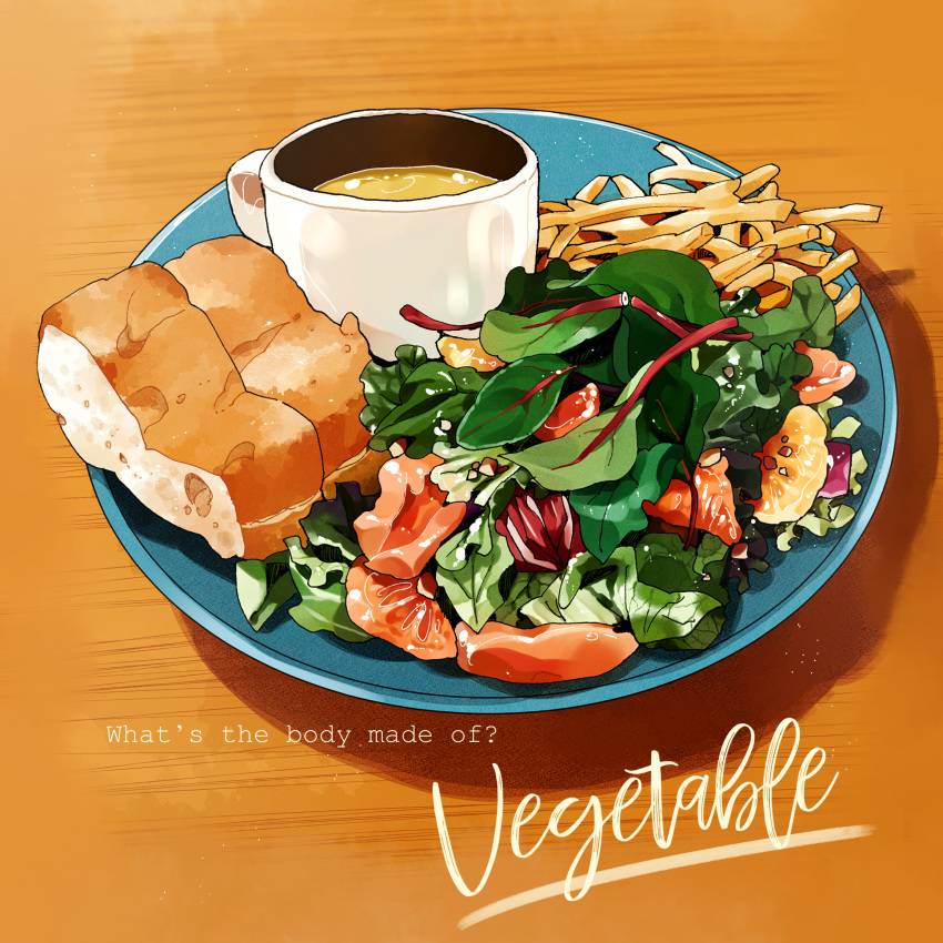 bread, coffee_mug, cup, drink, food, food_focus, french_fries, highres, mug, no_humans, original, plate, salad, table, tomato, tomato_slice, tomma_mayuka, vegetable