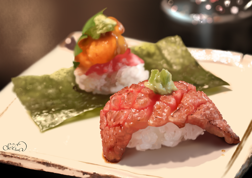 fish_(food), food, food_focus, meat, no_humans, nori_(seaweed), original, plate, rice, sechura, sushi, wasabi