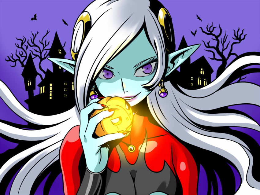 bare_tree, bat_(animal), bat_wings, black_eyeshadow, blue_skin, colored_skin, daikima, demon
