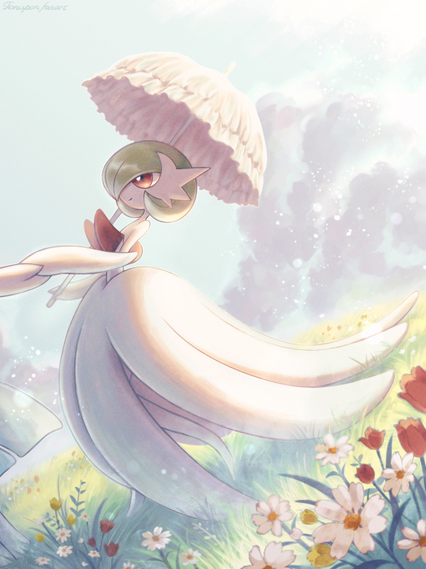 absurdres, artist_name, bob_cut, colored_skin, dress, elbow_gloves, flower, gallade