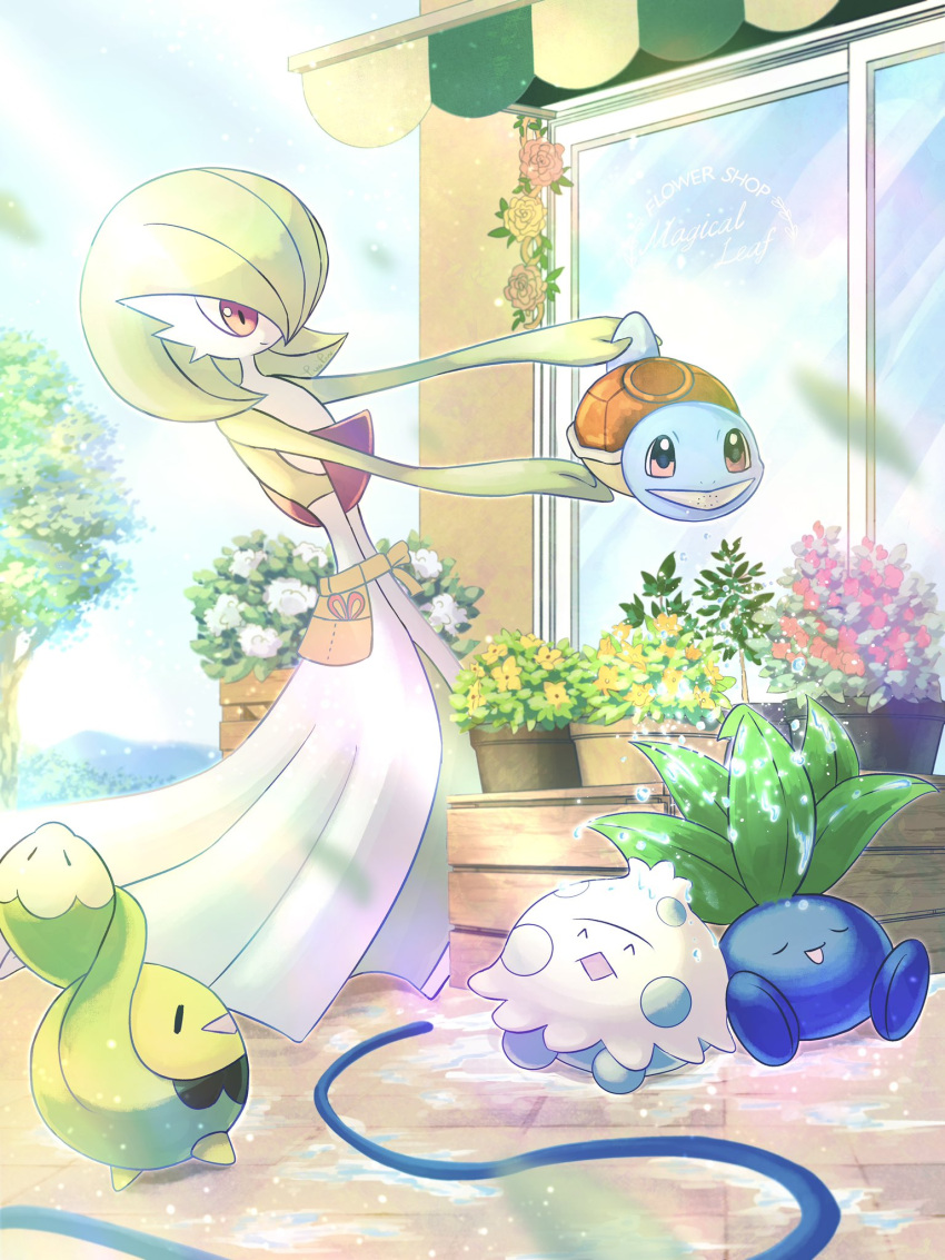 blue_sky, bob_cut, budew, closed_eyes, colored_skin, dress, flower_shop, gardevoir