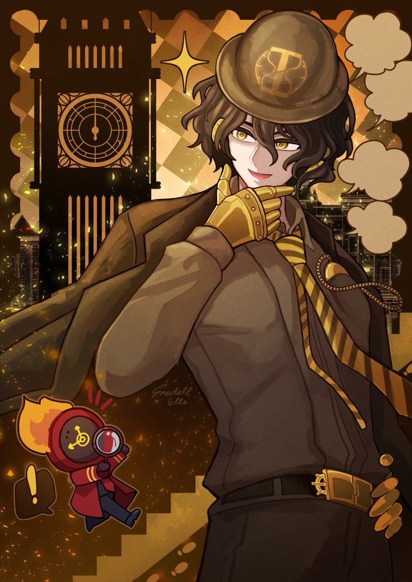 1boy, 1other, absurdres, black_gloves, brown_hat, brown_jacket, brown_pants, brown_shirt