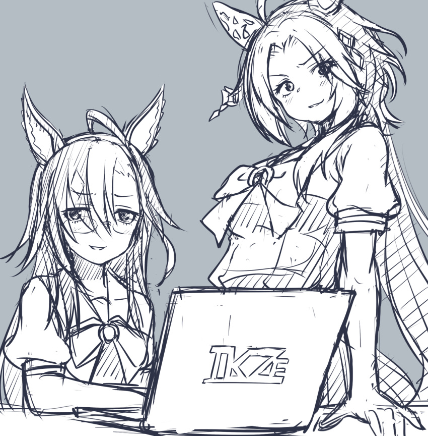 2girls, ahoge, animal_ears, bow, bowtie, commentary_request, computer, dream_journey_(umamusume)