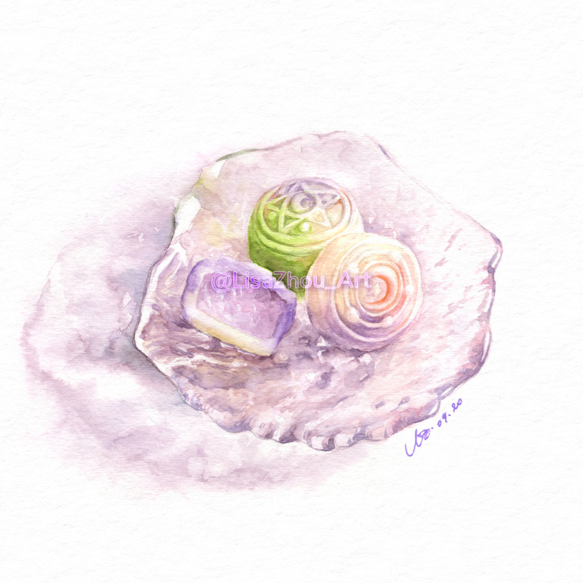 artist_name, bowl, food, food_focus, glass_bowl, lisazhou_art, mooncake, no_humans
