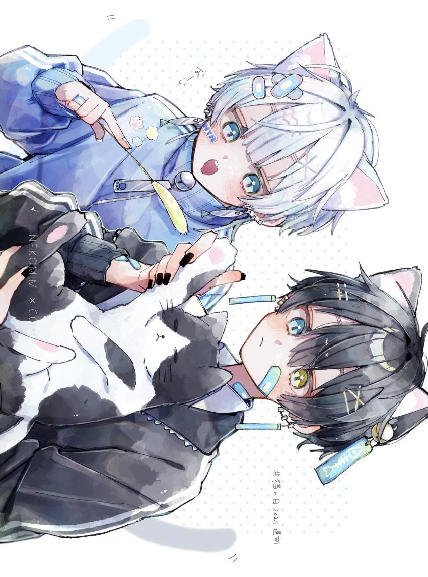 1boy, bad_link, black_hair, black_jacket, blue_eyes, cat, highres, jacket
