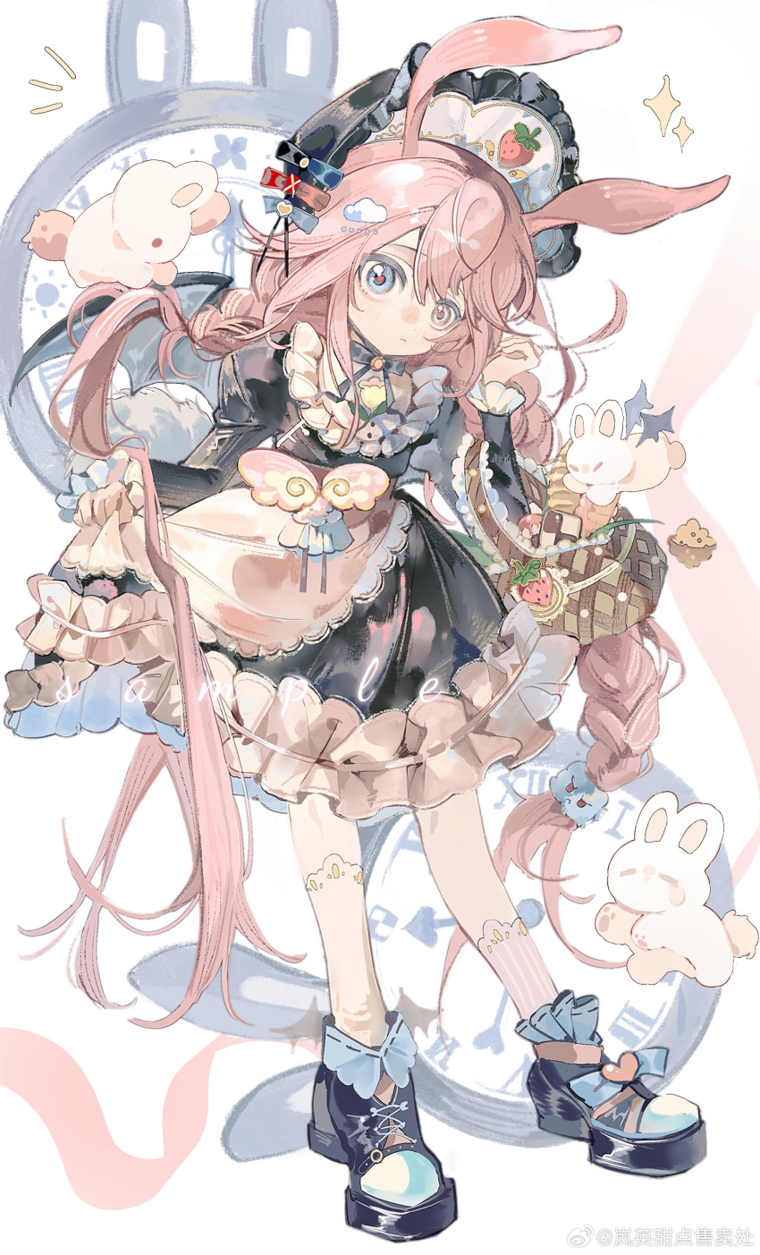 1girl, absurdres, animal_ears, ankle_socks, apron, asymmetrical_footwear, asymmetrical_legwear, basket