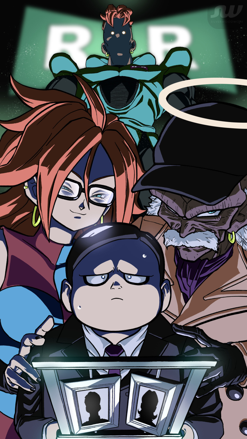 absurdres, android_16, android_21, ascot, black-framed_eyewear, black_gloves, black_hair, black_hat