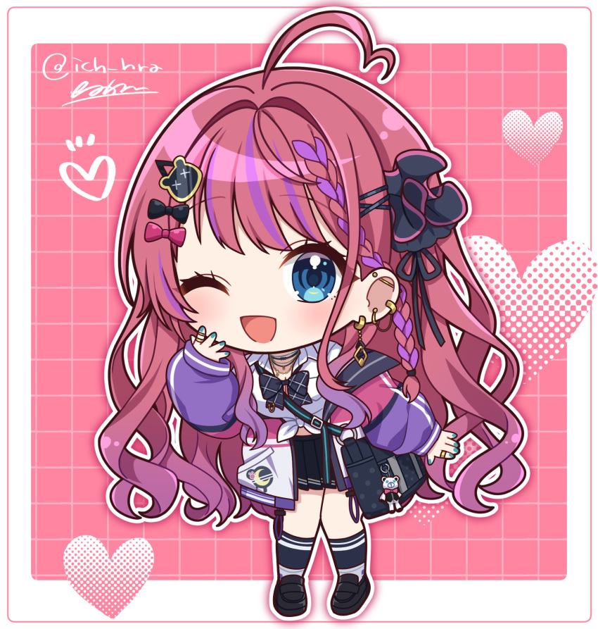 1girl, :d, aqua_nails, bag_charm, black_bow, black_bowtie, black_ribbon, black_skirt