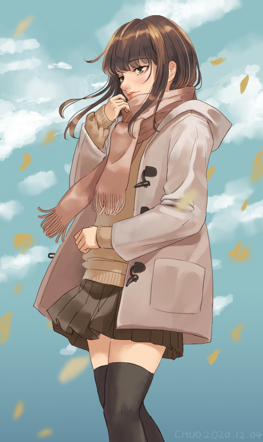 1girl, absurdres, adjusting_scarf, artist_name, autumn_leaves, black_thighhighs, blue_sky, brown_coat, brown_eyes, brown_hair, brown_scarf, brown_skirt, brown_sweater, chinese_commentary, closed_mouth, clouds, coat, commentary_request, cowboy_shot, dated, day, expressionless, eyelashes, fringe_trim, highres, hood, hood_down, hooded_coat, layered_sleeves, lipstick, long_hair, long_sleeves, looking_ahead, makeup, miniskirt, original, outdoors, pleated_skirt, qingtian_chuochuo, red_lips, scarf, skirt, sky, sleeves_past_wrists, solo, sweater, thigh-highs, wind, winter_clothes, winter_coat, zettai_ryouiki