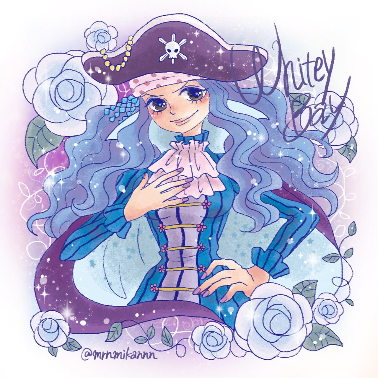 1girl, blue_hair, character_name, closed_mouth, commentary_request, cowboy_shot, flower, hand_on_own_hip