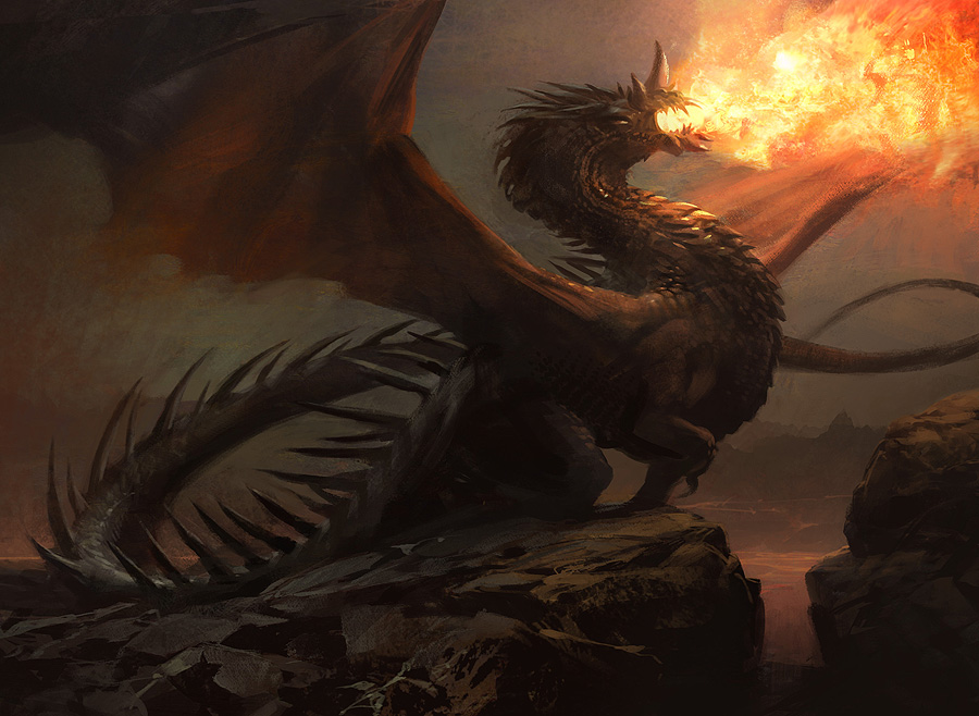 animal_focus, breath_weapon, breathing_fire, commentary, dragon, english_commentary, fire, flameblast_dragon, from_side, full_body, jaime_jones, magic:_the_gathering, no_humans, official_art, on_rock, open_mouth, outdoors, profile, realistic, scales, solo, tail, western_dragon, wings