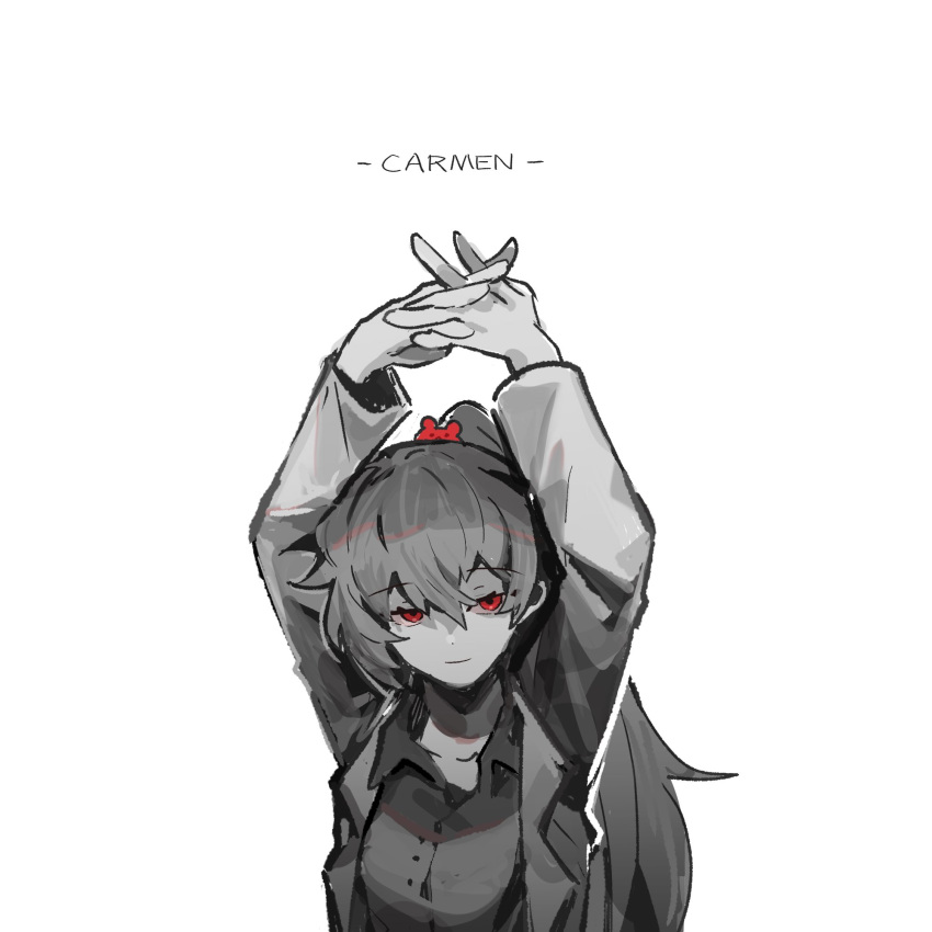 1girl, arms_up, buttons, carmen_(project_moon), closed_eyes, collared_shirt, high_ponytail, highres