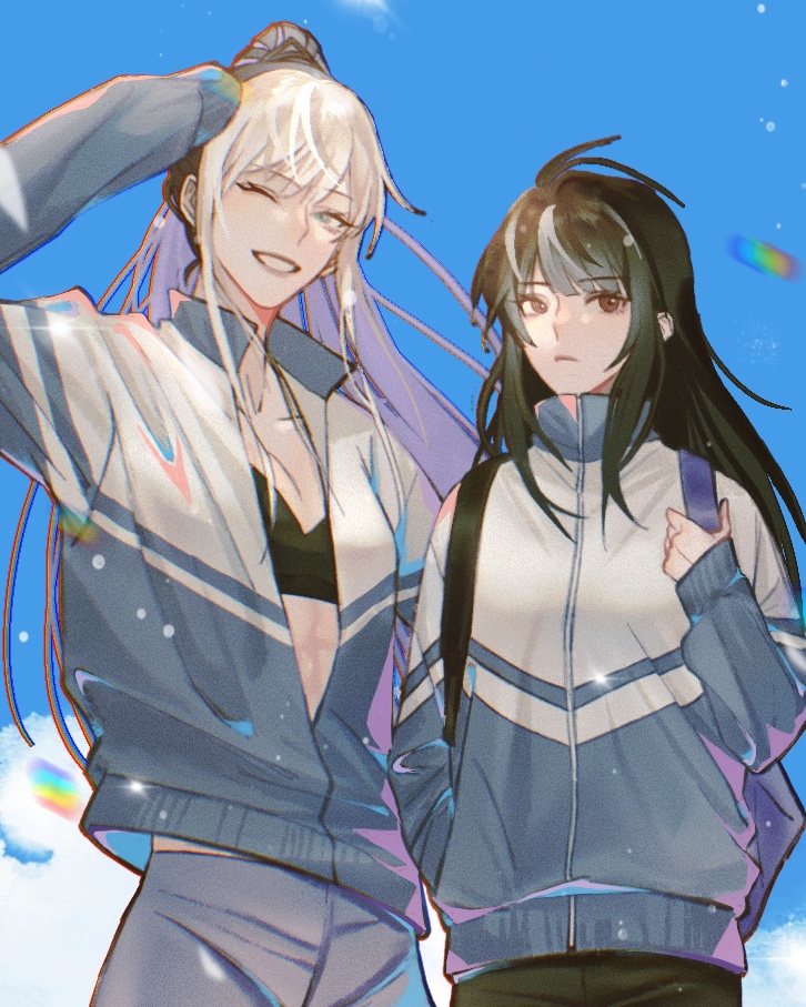 2girls, alternate_costume, backpack, bag, bai_yi_(path_to_nowhere), black_bra, black_hair, blue_jacket