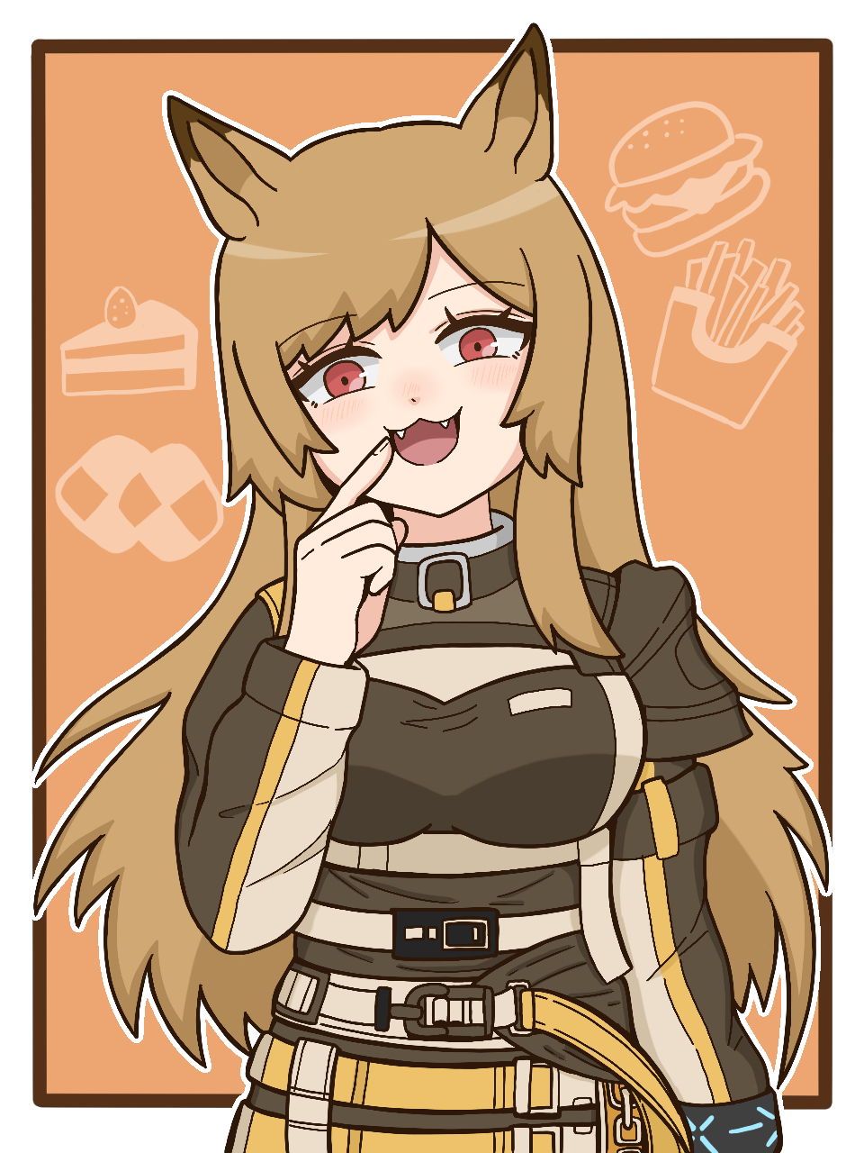 1girl, animal_ears, arknights, arm_at_side, blush, brown_hair, brown_jacket, burger, cake, cake_slice, ceobe_(arknights), checkerboard_cookie, commentary_request, cookie, fangs, finger_to_mouth, food, french_fries, hand_up, highres, infection_monitor_(arknights), jacket, long_hair, long_sleeves, looking_at_viewer, open_mouth, outline, pointing, pointing_at_self, red_eyes, sanguisrubigo, smile, solo, standing, upper_body, white_outline