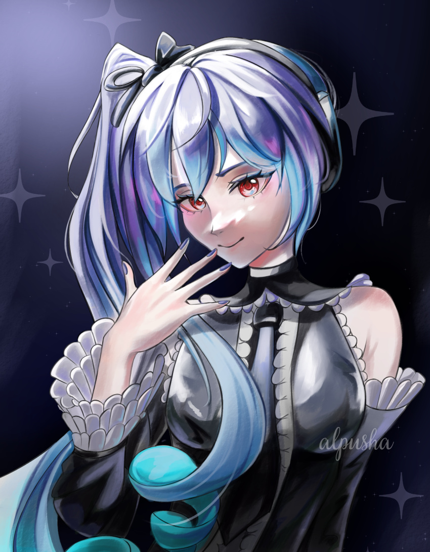 1girl, aalpengold, absurdres, black_background, black_dress, black_flower, black_sleeves, black_thighhighs