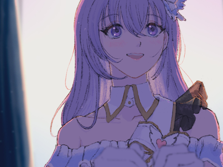 1girl, asymmetrical_clothes, bare_shoulders, beyond_the_bluesky_(idolmaster), blue_hair, blurry, blurry_foreground, blush